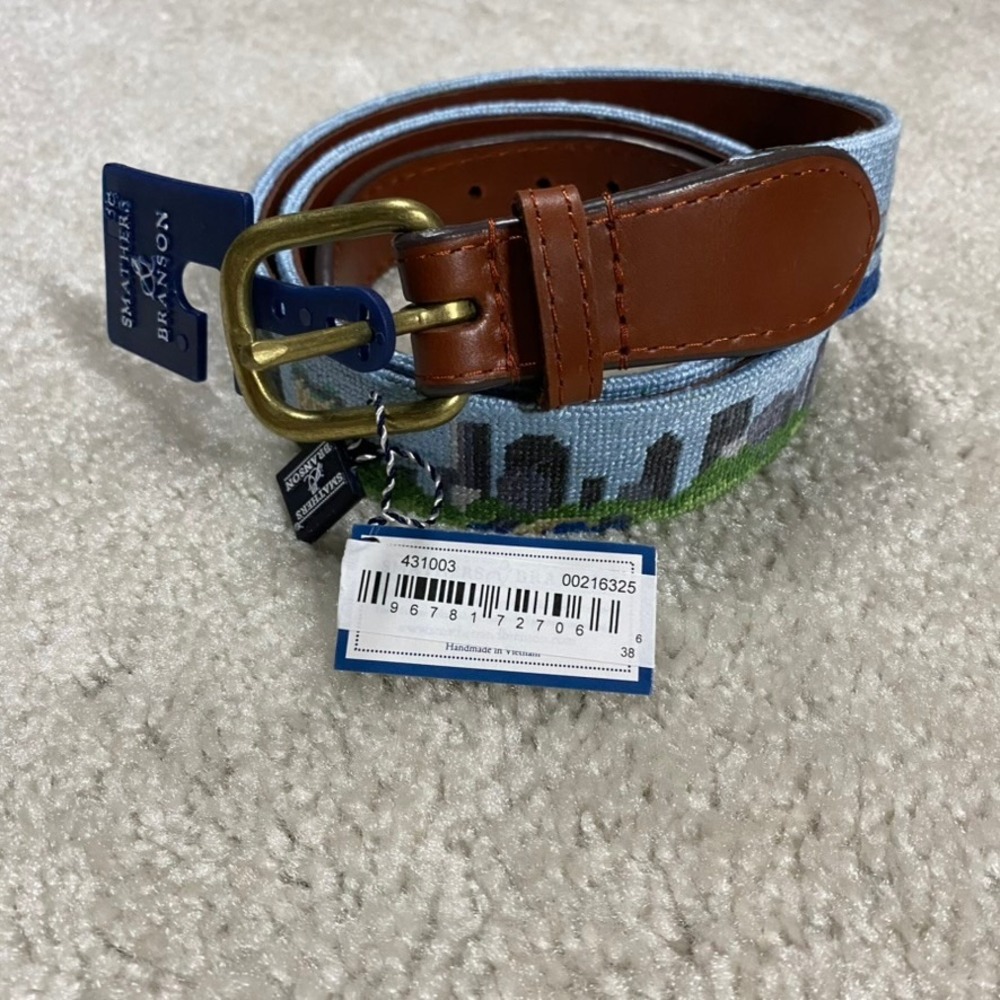 Smathers & Branson Belt Mens 38 Needlepoint NYC Skyline New York City Blue NWT